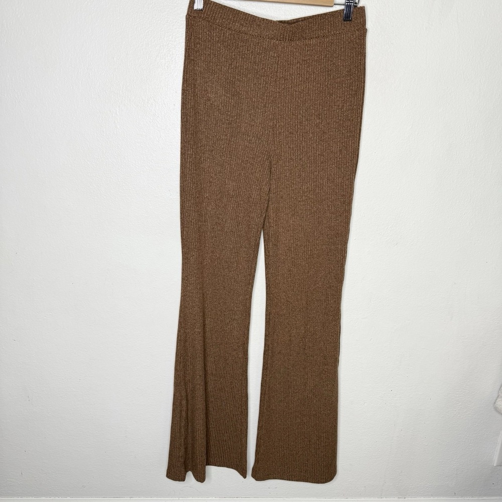 New Mango MNG Brown Ribbed Knit High Rise Flare Trousers Pull On Pants Small